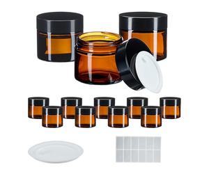 Relaxdays Tarros Crema, Set 12, 60 ml, Vidrio Ámbar, Botes Cosméticos con Tapa Rosca, Etiquetas, Vacíos, Marrón/Negro