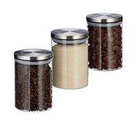 relaxdays Tarros de Cocina, 750 ml, Cierre hermético, Tapa de Acero Inoxidable, 3 Uds, Transparente