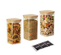 Relaxdays Tarros de Cristal con Tapa de bambú, Set de 3, Cuadrados, 1500 ml, herméticos, Transparentes/Naturales