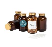 Relaxdays Tarros de Cristal marrón con Tapa y Etiquetas, 5x250 ml, para Hierbas, medicinas y Especias, 12x6x6 cm