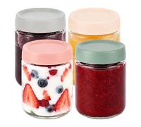 Tarros para conservas Relaxdays, set 4 x 450 ml, tapa Twist-Off hermética, para mermeladas, transparentes/colores