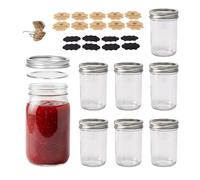 Relaxdays Tarros para conservas, Set de 8, 250 ml, Tapas, Etiquetas y Cordel, herméticos, Transparentes/Plateados