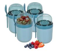 Relaxdays Taza muesli to-go, set de 4, 3 compart., cuchara, hermética, azul | 400 y 280 ml, aptos para microondas, vasitos de yogur