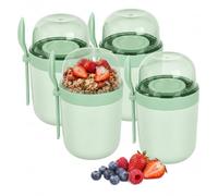 Relaxdays tazas muesli 4x, 3 comp., cuchara, herméticas, 400/280 ml, microondas, verdes