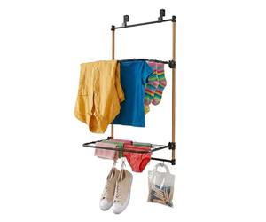 Relaxdays Tendedero de Puerta, para Colgar, 2 alas Plegables, Negro/Natural | 4 ganchos, bambú y metal