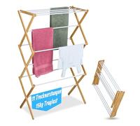 Relaxdays Tendedero, Plegable, 11 Barras, 115 x 73 x 33 cm, bambú, Metal, Torre, Natural/Blanco