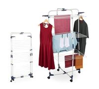 Relaxdays Tendedero Torre, Plegable, con Ruedas, 3 Niveles, 33 m de Secado, 135 x 70 x 70 cm, Tenderete, Blanco/Azul