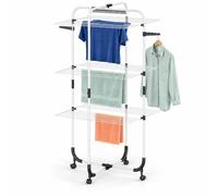 Relaxdays Tendedero torre plegable con ruedas y alas abatibles, blanco | metal, 30 m de tendido, 137 x 64,5 x 70 cm
