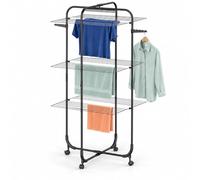 Relaxdays Tendedero torre plegable con ruedas y alas abatibles, negro | metal, 30 m de tendido, 137 x 64,5 x 70 cm