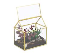 Relaxdays Terrario Plantas, Cristal y Cobre, Casa Decorativa Vidrio para Cactus y Musgo, Terrarium para Alféizar, Dorado