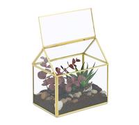 Relaxdays Terrario Plantas, Cristal y Cobre, Casa Decorativa Vidrio para Cactus y Musgo, Terrarium para Alféizar, Dorado, 20% 80%, 15x15x10 cm