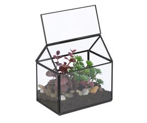 Relaxdays Terrario Plantas, Cristal y Cobre, Casa Decorativa Vidrio para Cactus y Musgo, Terrarium para Alféizar, Negro