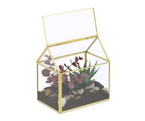 Relaxdays Terrario Plantas, Cristal y Cobre, Casa Decorativa Vidrio para Cactus y Musgo, Terrarium para Alféizar, Dorado