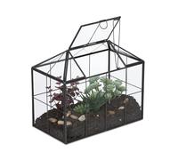 Relaxdays Terrario Plantas, Cristal y Estaño, Casa Decorativa de Vidrio Cactus y Musgo, Terrarium para Alféizar, Negro