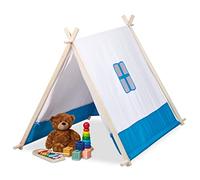 Relaxdays Tienda Campaña Infantil, Forma de Tipi, Niños y Niñas, Tela y Madera, Ventana, 92 x 86 x 120 cm, Blanco y Azul