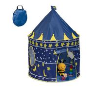 Relaxdays Tienda Campaña Infantil, Tipi Niñas, Lunas y Estrellas, Cierre Contacto, 135 x 100 cm, Azul/Amarillo