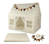 Relaxdays Tienda de Juegos 130x125x95 cm, Guirnalda LED, 3 Ventanas, Beige | cortina, montaje sencillo, casita