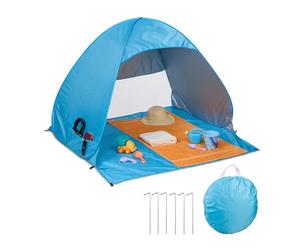 Relaxdays Tienda de Playa Pop Up, Protección UV 50, para Bebés, Piquetas y Bolsa, 2 Personas, 110 x 140 x 145 cm, Azul