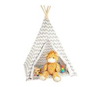 relaxdays Tipi Infantil, Tienda Campaña, Casita para Niños, Bolsa, Zigzag, Lino-Madera, 160 x 115 x 115 cm, Blanco-Gris, Poliéster