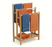 Relaxdays Toallero con 3 Barras y Estante, Color Natural y Blanco | Altura: 86 x 46 x 24 cm, para toallas de mano y baño, bambú y metal