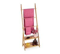 Relaxdays Escalera de Toalla con 2 estantes Toallero con Repisa de Bambú 3 Barras, 2 Baldas, 134 x 53 x 31,5 cm, Plegable, Portatoallas Baño, Natural, 134 x 53 x 31.5 cm