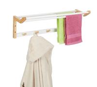Relaxdays Toallero Pared con Perchero, 22x60x20 cm, Colgador Toallas Ducha con Ganchos y Barras, Bambú, Natural y Blanco
