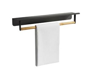 Relaxdays Toallero de Pared, con repisa HBT: 9x45x8 cm, baño y Cocina, bambú y Metal, Negro/Natural