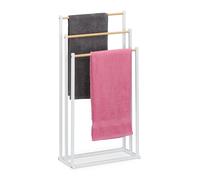 Relaxdays Toallero de Pie, 86x44x21 cm, Portatoallas Metálico, Colgador Toallas, 3 Barras Efecto Madera, Blanco/Natural, Hierro