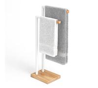 Relaxdays Toallero de pie con 2 Brazos, Hierro y bambú, para Toallas de Mano y baño, Blanco/Natural, 80.5×38.5×19.5 cm