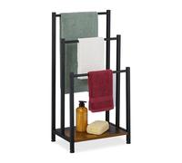 Relaxdays Toallero de Pie, Colgador Toallas con Balda, 3 Barras, 80 x 40 x 28 cm, Portatoallas Baño, Marrón y Negro, Hierro, Tablero de Fibras