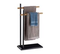 Relaxdays Toallero de Pie con 2 Barras, Bambú-Metal, Negro-Marrón, 85,5x45x22,5 cm