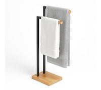 Relaxdays Toallero de pie con 2 Brazos, Hierro y bambú, para Toallas de Mano y baño, Negro y Natural, 80.5x38.5x19.5 cm