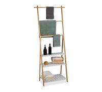 Relaxdays Toallero de Pie, con 3 Barras, 3 Baldas, 151x64,5x32 cm, Colgador Toallas Ducha, Bambú, Baño, Natural/Blanco, Tablero de Fibras