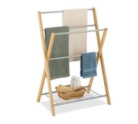 Relaxdays Toallero de Pie, con 4 Barras, Colgador de Toallas de Manos o Ducha, Bambú y Hierro, Baño, Natural/Plateado, 87 x 60,5 x 37,5 cm