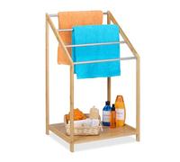 Relaxdays Toallero de Pie con Balda Inferior, 4 Barras en Escalera, Soporte Toallas, Bambú, Metal, 86x51x43,5cm, Natural, Acero Inoxidable