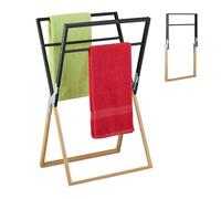 Relaxdays Toallero de Pie Plegable, Colgador de Toallas con 4 Barras, para Baño o Ducha, Bambú y Hierro, Negro y Natural, 87 x 53 x 38 cm