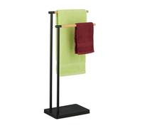 Relaxdays Toallero de Pie, Porta Toallas Baño, Soporte con 2 Brazos, Acero Inoxidable, Bambú, Montaje Sin Taladro, Negro, 78 x 36,5 x 20 cm