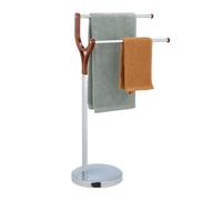 Relaxdays Toallero de Pie sin Taladrar, Colgador de Toallas Doble, también para Ropa, Metal y MDF, Plateado y Marrón, Tablero de Fibras, 81 x 47 x 25 cm