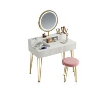 Relaxdays Tocador con espejo y banqueta blanco,oro,rosa