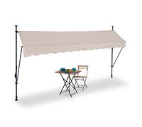 Relaxdays Toldo Terraza, Sujeción Vertical, 350 cm Largo, de Pie, Altura Ajustable, Sin Taladrar, Anti-UV, Arena y Gris, Poliéster