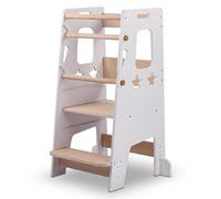 Relaxdays Torre aprendizaje Estrellas, altura regulable, antivuelco, 90 x 44 x 44 cm, taburete infantil, blanco/natural