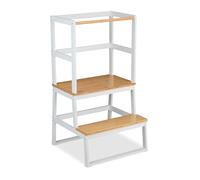 Relaxdays Torre Aprendizaje Niños Desde 1 Año, 2 Escalones, Escalera Infantil, Anticaídas, 93x50x48,5 cm, Blanco/Natural, Bambú