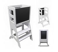 Relaxdays Torre de Aprendizaje con Pizarra, a Partir de 1 año, 2 escalones, 86 x 40 x 44 cm, Soporte para niños, Blanco