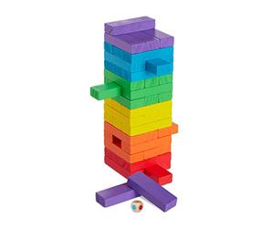 Relaxdays Torre de Madera, 48 Bloques Apilables, con Dado, A Partir de 3 años, 1 Ud., 22,5 x 7,5 x 7,5 cm, Multicolor