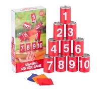Relaxdays Lanzamiento niños Tumba Latas con Números, Infantil, Derriba la Torre para Jardín, 10 Piezas y 3 Sacos, Juego de Puntería, Rojo, Hierro, 9 x 5,5 cm