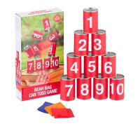 Relaxdays Lanzamiento niños Tumba Latas con Números, Infantil, Derriba la Torre para Jardín, 10 Piezas y 3 Sacos, Juego de Puntería, Rojo, Hierro, 9 x 5,5 cm