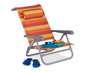 Relaxdays Tumbona Playa Plegable, Reclinable, Silla Piscina Reposacabezas, Brazos y Abrebotellas, Amarillo Rojo Naranja