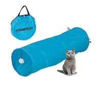 Relaxdays Túnel para Gatos Plegable, 88 x 25 cm, Tubo para Gatitos con Juguetes y Bolsa, Interactivo, Azul, Poliéster