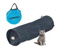 Relaxdays Túnel para Gatos Plegable, 88 x 25 cm, Tubo para Gatitos con Juguetes y Bolsa, Interactivo, Gris, Poliéster