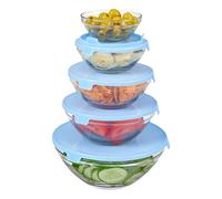 Relaxdays Tuppers Cristal con Tapa, Set de 5, Fiambreras Redondas, Tápers 5 Tamaños, Lavavajillas, Transparente y Azul